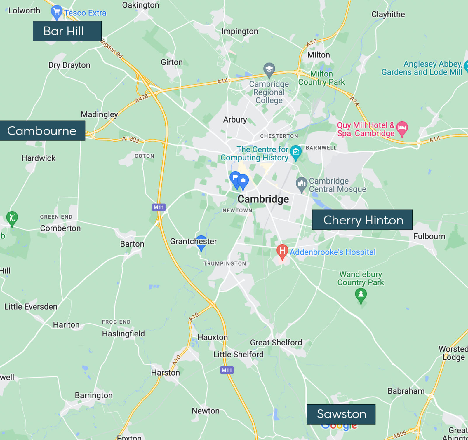Map of Cambridge showing runs in Bar Hill, Cherry Hinton, Cambourne and Sawston